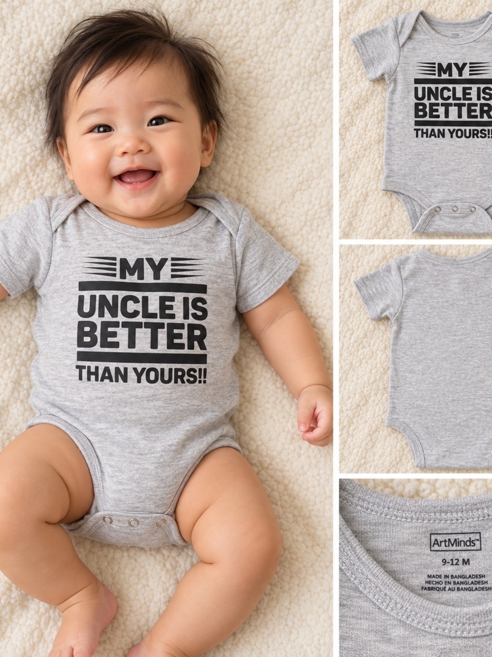 Gray Baby One-Piece Bodysuit - "My Uncle Is Better"